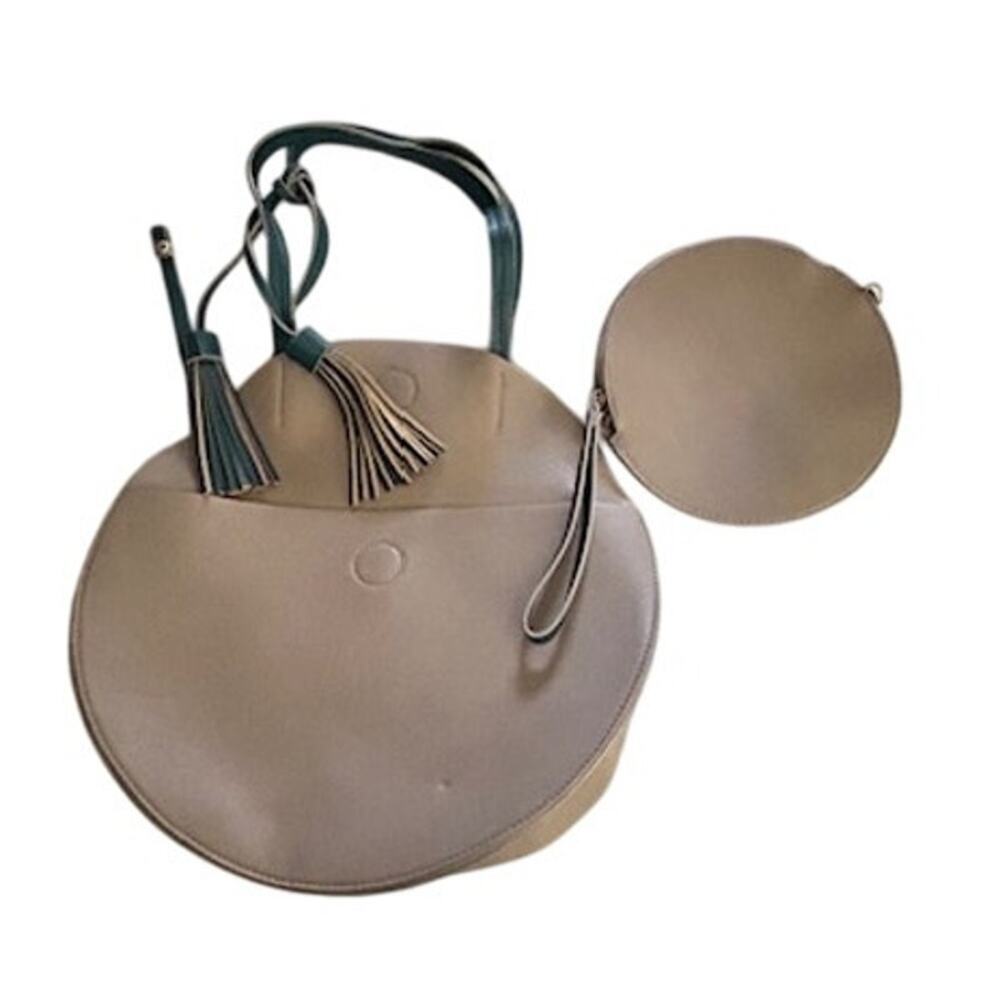 Round Taupe & Teal Vegan Leather 2-Piece Bag Set – Shoulder Bag + Wristlet